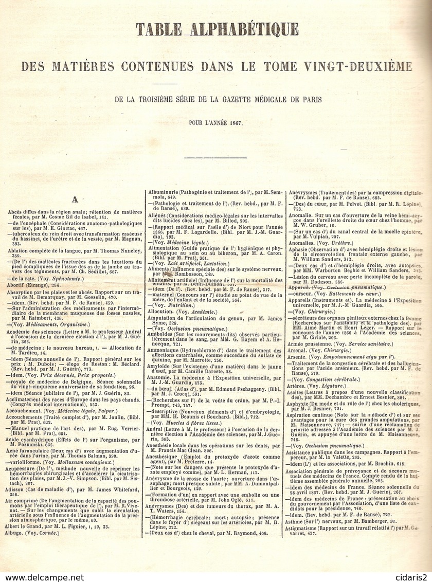 "GAZETTE MEDICALE DE PARIS" (T.XXII) Docteur Jules GUERIN Medecine Medicine Medizin XIXe Siècle Reliure 1867 ! - Sciences