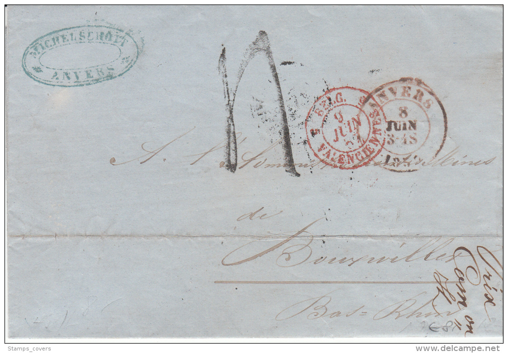BELGIUM USED COVER NON AFFRANCHIE 08/06/1857 ANVERS VERS BRUXWILLER BELG.-VALENCIENNES PARIS A STRASBOURG - 1830-1849 (Belgique Indépendante)