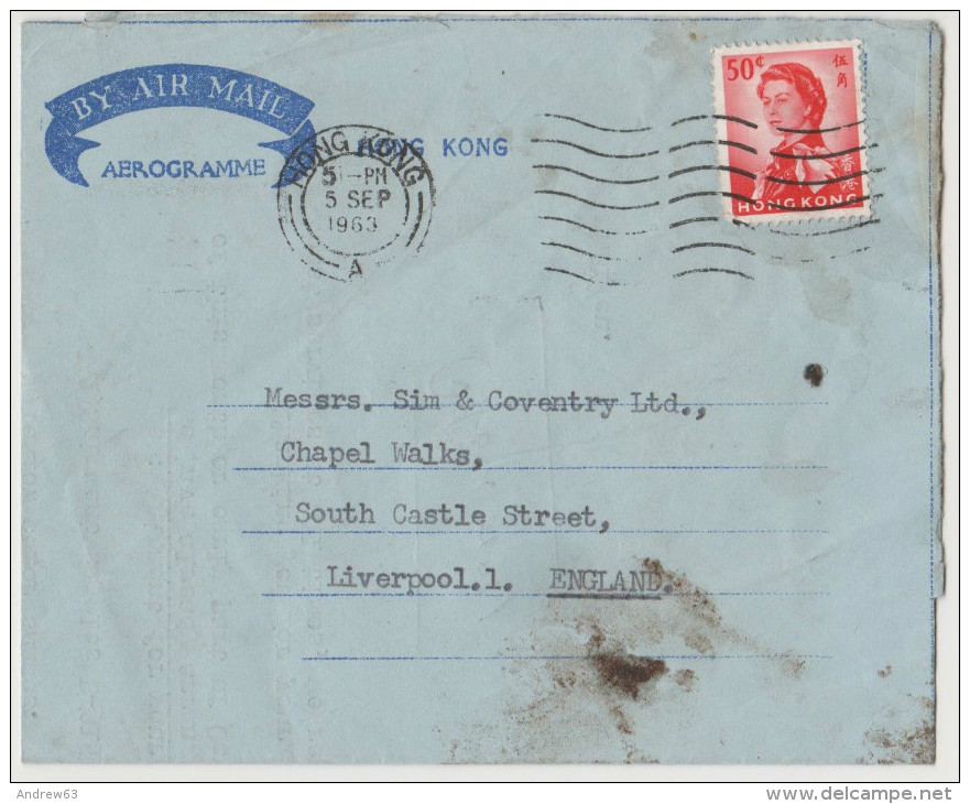 Hong Kong - 1963 - Aerogramme - Air Mail - 50c - Viaggiata Per Liverpool - Cartas & Documentos