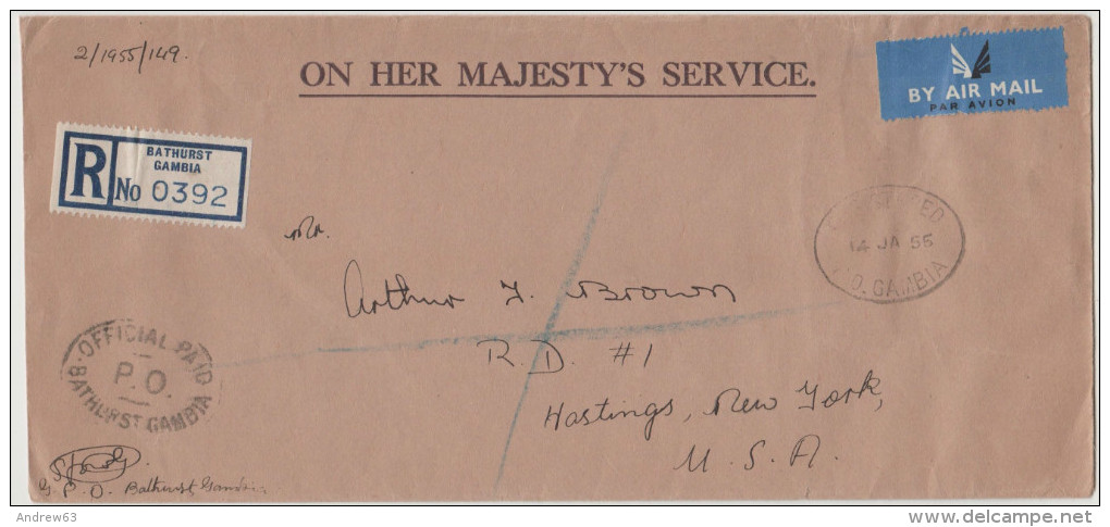 GAMBIA - 1955 - On His Majesty's Service - Air Mail - Official Paid - Registered - Viaggiata Da Bathurst Per Hastings... - Gambia (...-1964)