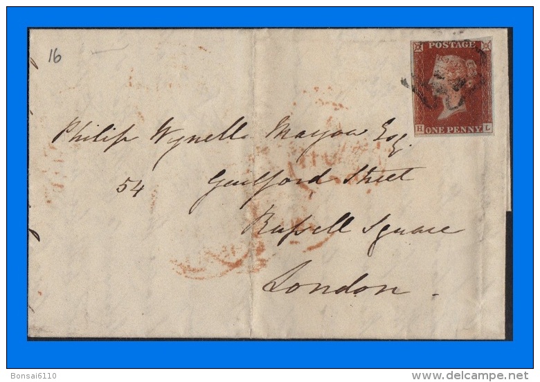 GB 1841-0143,  QV 1d Red Imperf Plate16 H-L On Entire To London, 3 Margins MC Cancel (3 Scans) - Covers & Documents