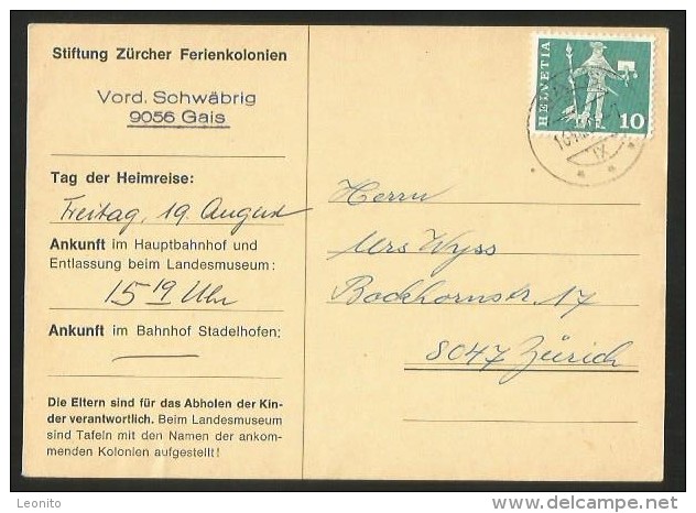 GAIS Ferienkolonie Postkarte Die Eltern Sind Für Das Abholen Der Kinder Verantwortlich 1966 - Gais