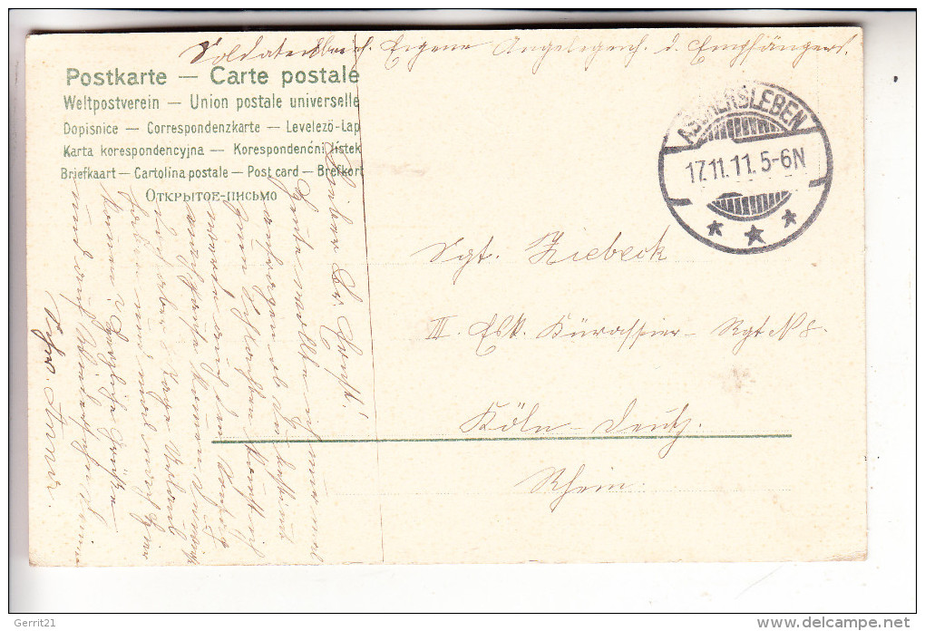 0-4320 ASCHERSLEBEN, Bismarckstein, 1911, Jugendstilornamente, Soldatenbrief Nach Köln-Deutz - Aschersleben