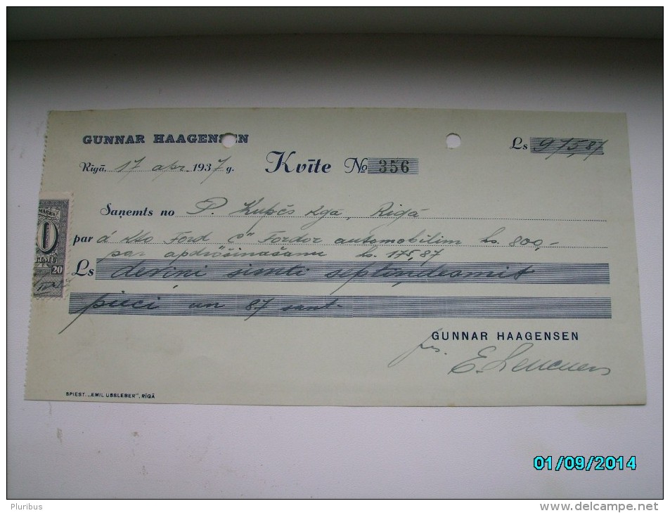 LATVIA  CHECK 1937  975,87 LATS WITH REVENUE STAMP   , 0 - Chèques & Chèques De Voyage