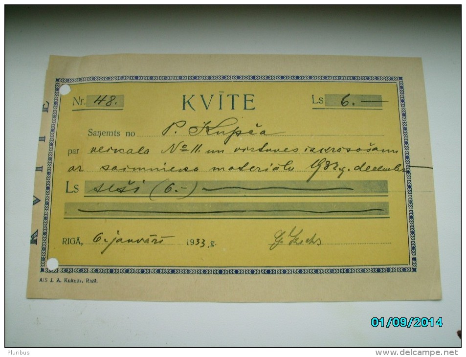 LATVIA   CHECK 1933  6 LATS    , 0 - Chèques & Chèques De Voyage