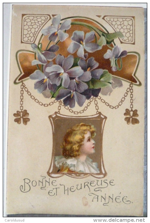 Litho Chromo Relief Art Nouveau Illustrateur KOPAL 562 Portrait Fille Fillette CLAPSADDLE Medaillon Chainette Violettes - Clapsaddle