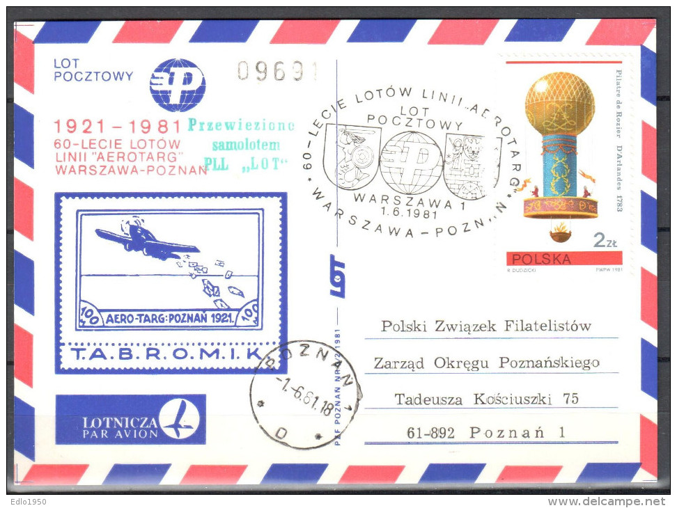 Poland 1981 60th Anniv "Aerotarg" Airlines -  Flight Card - Aviones