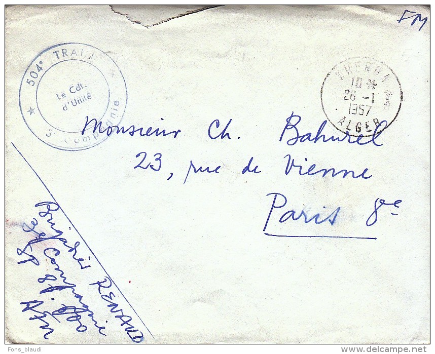 Sur Lettre En FM CàD Kherba à Alger 1957 + Tampon 504ème Train - 3ème Compagnie - FRANCO DE PORT - Guerre D'Algérie