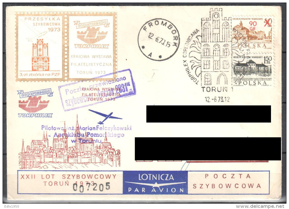 Poland 1973  -TORPHILEX 73  - Flown Glider Cover - Planeadores