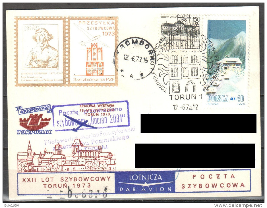 Poland 1973  -TORPHILEX 73  - Flown Glider Card - Gliders