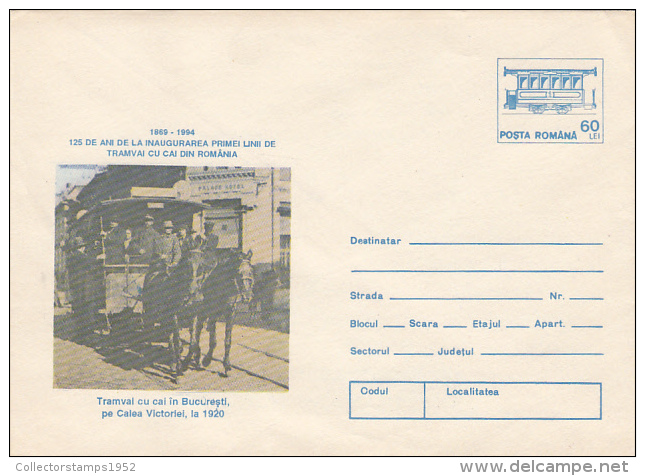 113- TRAM, TRAMWAY, FIRST HORSE TRAMWAY IN BUCHAREST, COVER STATIONERY, ENTIER POSTAL, 1994, ROMANIA - Strassenbahnen