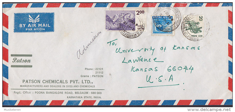 India Airmail Par Avion PATSON CHEMICALS, BELGAUM Cover Brief To LAWRENCE Kansas USA Train Zug Stamp - Corréo Aéreo