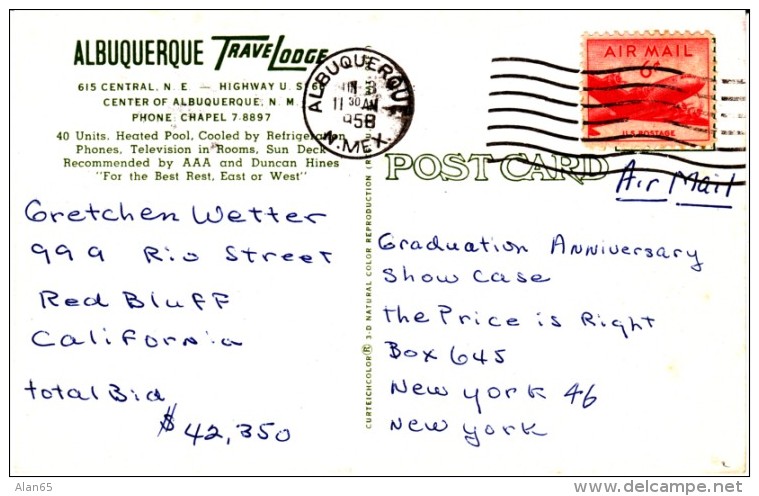Route 66, Albuquerque NM New Mexico, TraveLodge Motel, Lodging, 1950s Vintage Postcard - Route ''66'