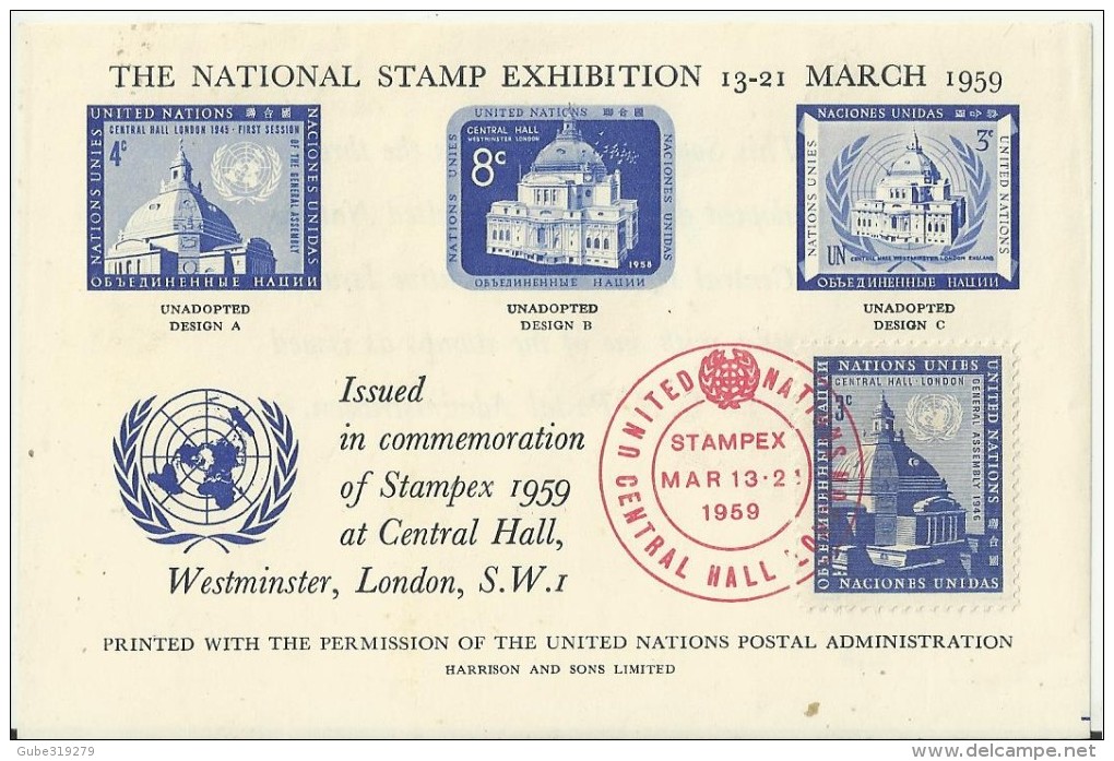 UNITED NATIONS /UNITED KINGDOM 1959 - SPECIAL SOUVENIR SHEET STAMPEX MARCH 13-23 CENTRAL HALLN W 1 ISSUED STAMP OF 3 C ( - Covers & Documents