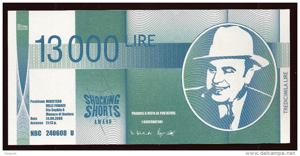 Test Note "13th STREET Award" 13 000 Lire, Beids. Druck, RRRRR, UNC, Fantasy Note - Andere - Europa