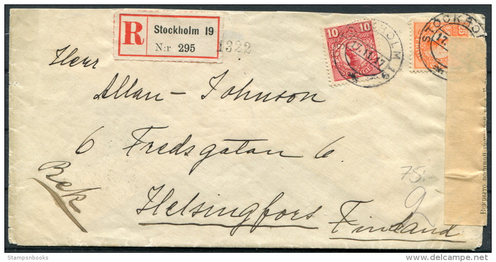 1917 Sweden Stockholm Registered Censor Zensur Cover - Helsingfors Finland - Covers & Documents