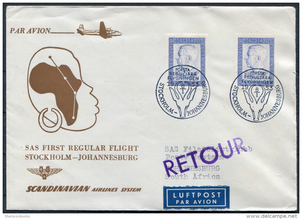 1953 Sweden Stockholm - Johannesburg South Africa SAS First Flight Cover - Briefe U. Dokumente