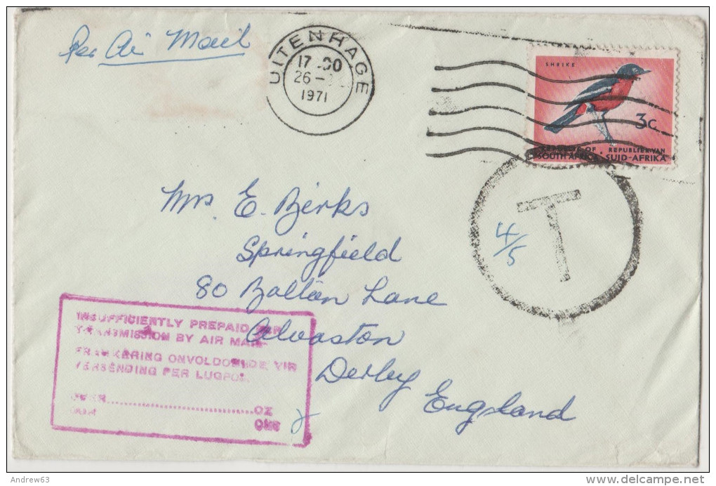 SUD AFRICA - SOUTH AFRICA - SUID AFRIKA - 1971 - Cover Air Mail - Insufficiently Prepaid - Viaggiata Da Uitenhage Per... - Covers & Documents