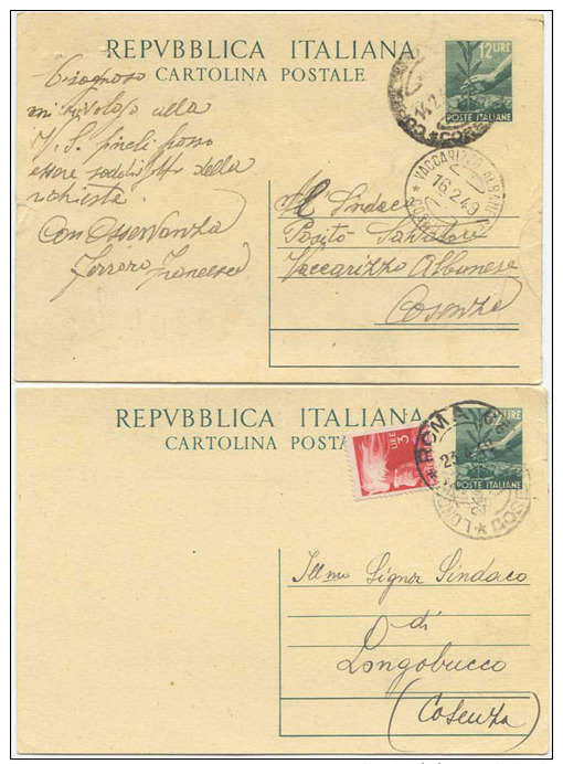 CARTOLINA POSTALE DEMOCRATICA L. 12: USATE CON E SENZA AFFRANCATURA AGGIUNTA (6215) - Interi Postali