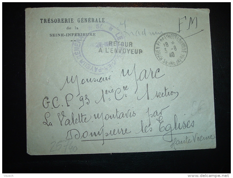 LETTRE FM OBL.3-8-40 ROUEN Pl DE L'HOTEL DE VILLE (76 SEINE-MARITIME) POUR DOMPIERRE LES EGLISES (87)+ INADMIS + RETOUR - Guerre De 1939-45