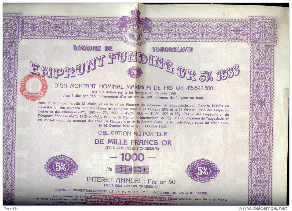 LBR35B - EMPRUNT DU ROYAUME DE YOUGOSLAVIE 1933 COUPONS 44 A 48 INCLUS ATTACHES - Banque & Assurance