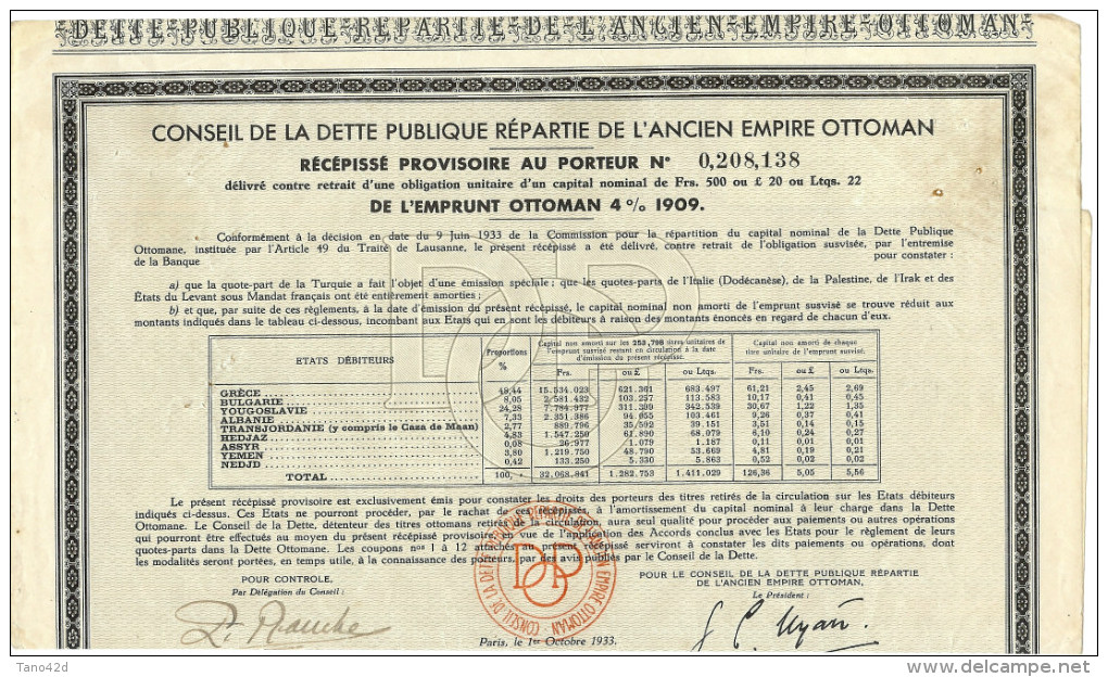 LBR35B - CONSEIL DE LA DETTE PUBLIQUE REPARTIE DE L'ANCIEN EMPIRE OTTOMAN 1933 - Banca & Assicurazione