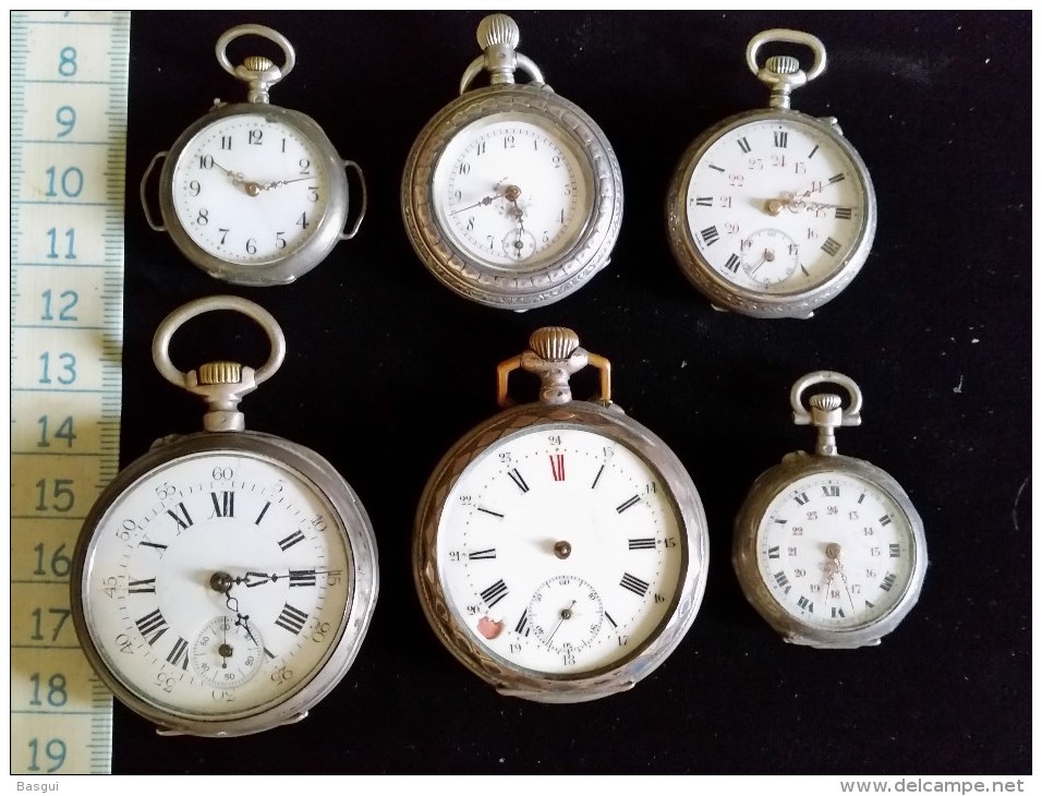 6 Montres Mecaniques, Goussets Argent , 3 Fonctionnent , D´origine - Horloge: Zakhorloge