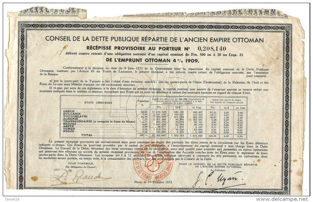 LBR35B - CONSEIL DE LA DETTE PUBLIQUE REPARTIE DE L'ANCIEN EMPIRE OTTOMAN 1933 - Bank & Insurance