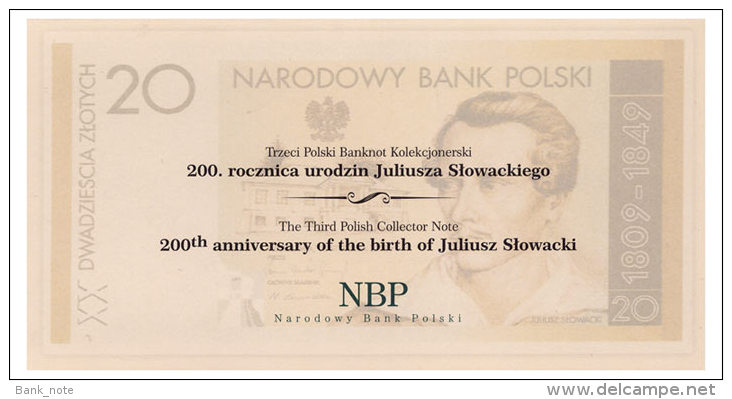 POLAND 20 ZLOTYCH 2009 200th ANNIVERSARY OF BIRTH OF JULIUSZ SLOWACKI Pick 180 Unc - Poland