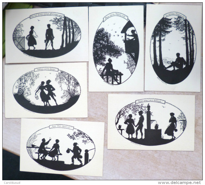 RARE LOT Serie Complete 6x Litho Illustrateur FORCK OMBRE SILHOUETTE SCHATTENBILDER  REIHE AUS DEUTSCHEN LIEDERN - Scherenschnitt - Silhouette