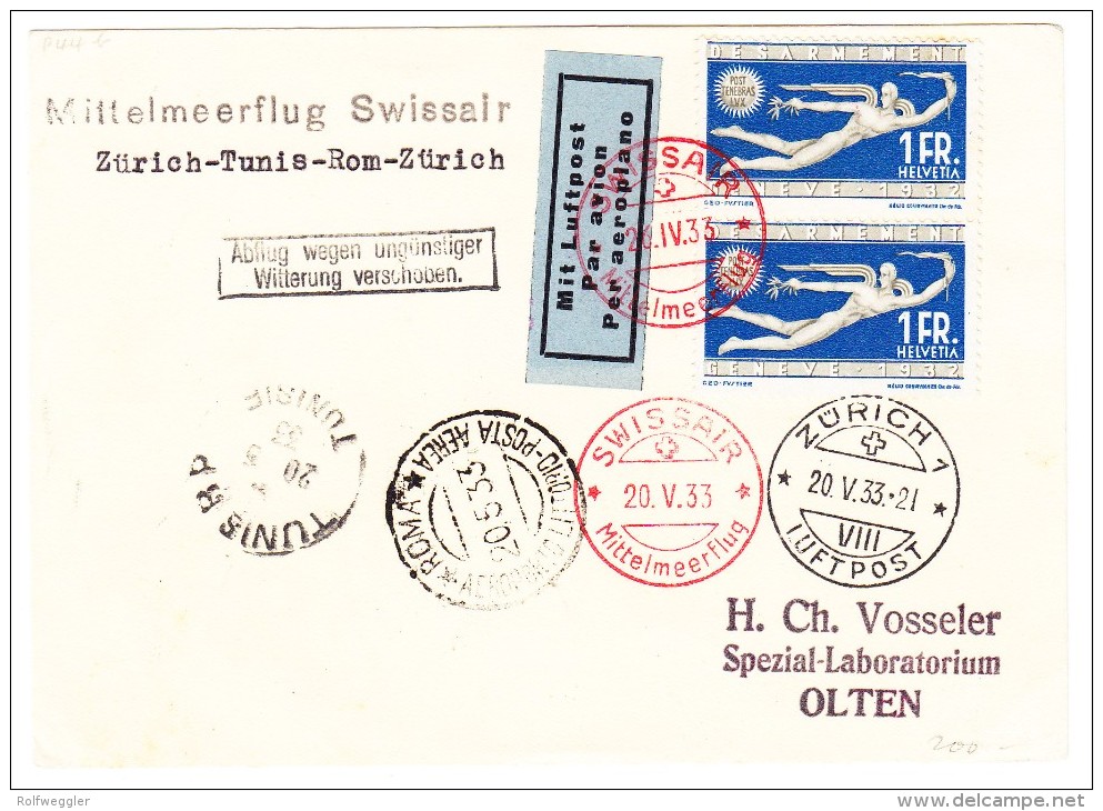 Mittelmeerflug Swissair 20.V.33 Rot Auf Karte Nach Olten -Transit-Stempel Tunis Und Roma - Autres & Non Classés