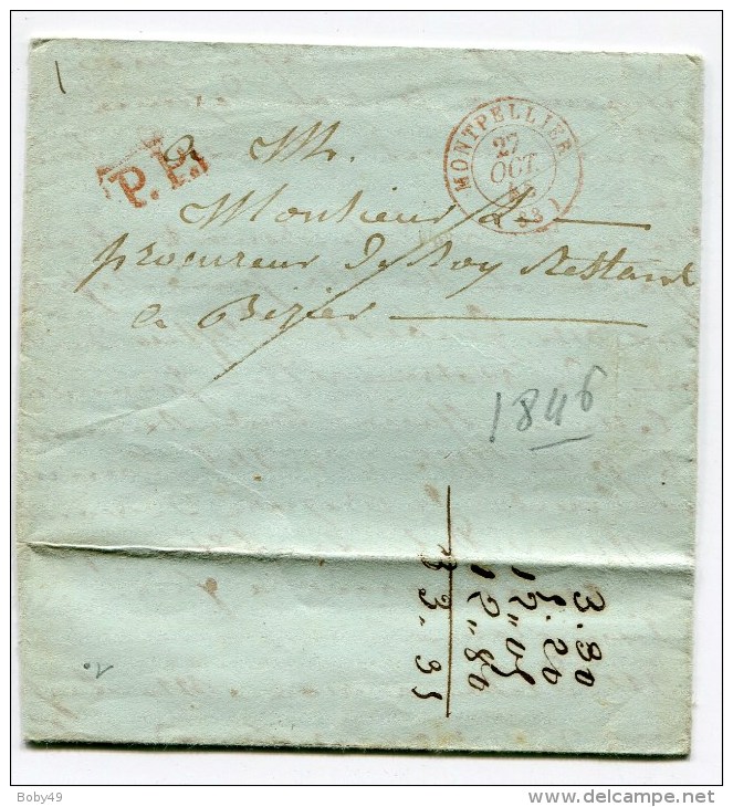 HERAULT De MONTPELLIER LAC Du 27/10/1846 Avec Cachet T15 Rouge + PP Rouge Pour Beziers - 1801-1848: Précurseurs XIX