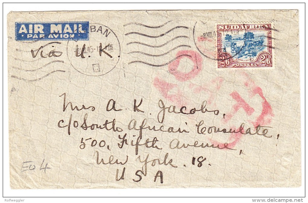 O.A.T. Zensur Luftpostbrief  8.8.45 Durban Nach New-York USA - Poste Aérienne