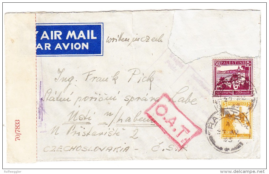 O.A.T. Zensur Luftpostbrief 27.08.45 Tel Aviv Palestina Nach Tschechoslovakei - Brief Mit Mängel - Palestine