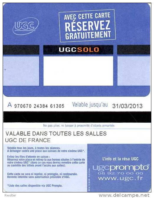 @+ CINECARTE UGC Solo Verso Lettre A En Haut à Gauche (Date : 31/03/2013) - Cinécartes