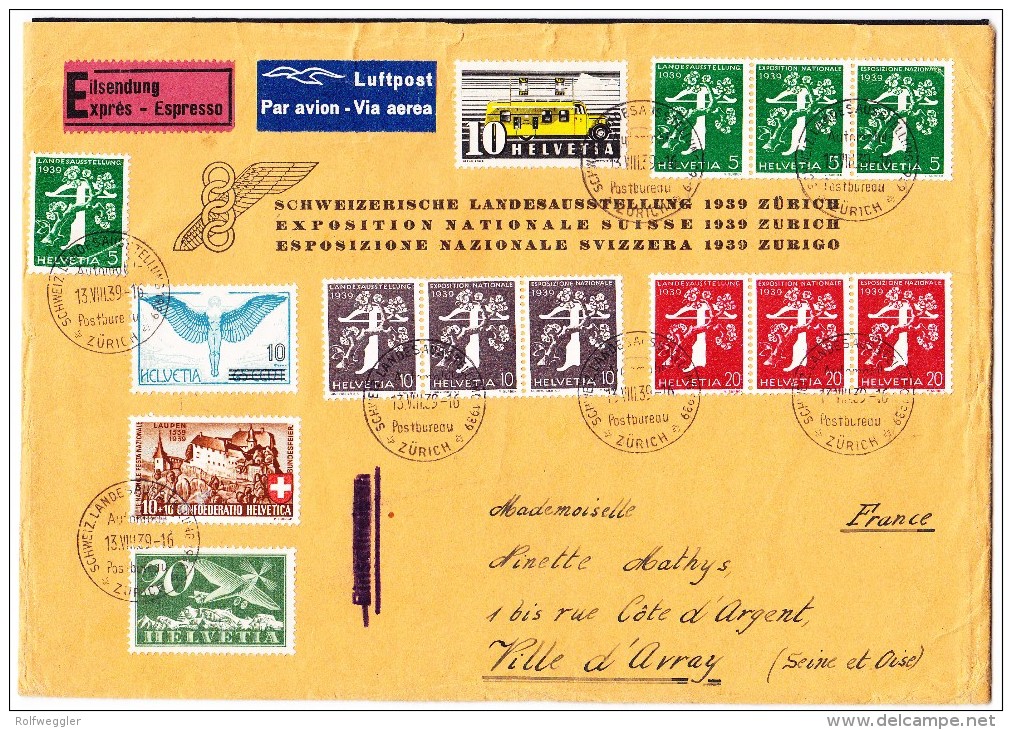 Offizieller Umschlag Der Landi 1939 Express Luftpost Brief 13.8.39 Zürich Nach Frankreich - Autres & Non Classés