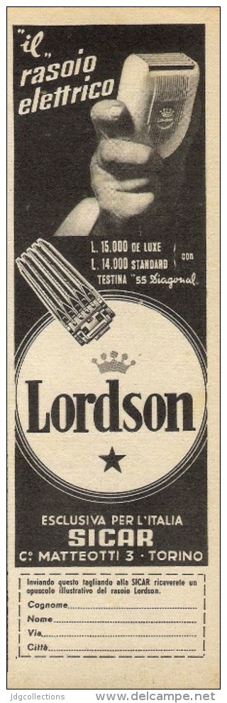 # RASOIR LORDSON SICAR TORINO 1950s Advert Pubblicità Publicitè Reklame Razor Rasoio Rasoir Rasuradora Electric Shaver - Lames De Rasoir