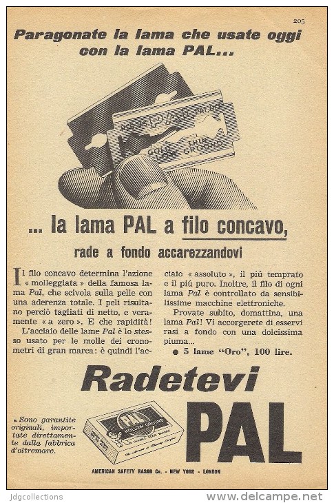 # PAL RAZOR BLADES 1950s Advert Pubblicità Publicitè Reklame Lamette Rasoio Lames Rasoir Cuchillas Klingen - Rasierklingen