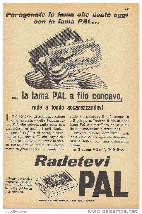 # PAL RAZOR BLADES 1950s Advert Pubblicità Publicitè Reklame Lamette Rasoio Lames Rasoir Cuchillas Klingen - Razor Blades