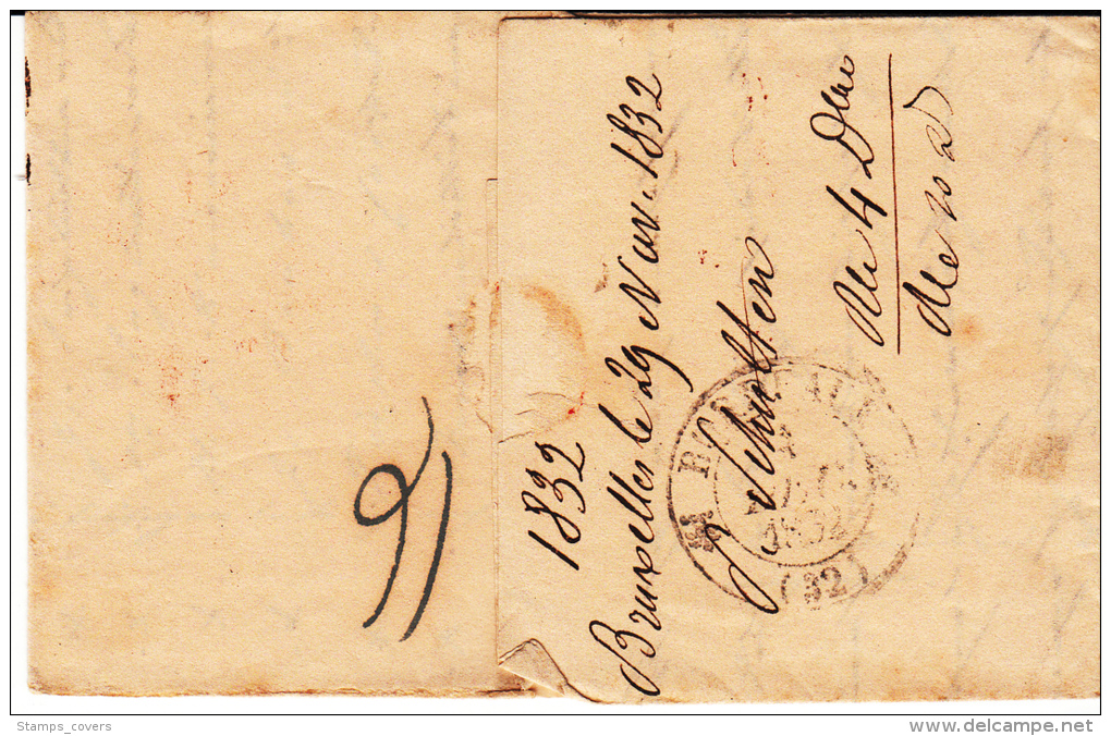 BELGIUM USED COVER 30/11/1832 BRUXELLES VERS BORDEAUX PAYS-BAS PAR VALENCIENNES GRIFFE ROUGE LPB2R - 1830-1849 (Belgique Indépendante)