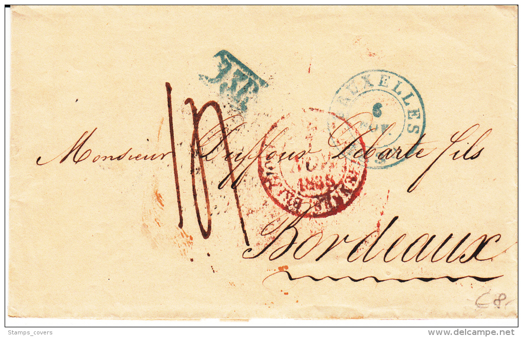 BELGIUM USED COVER 06/11/1838 BRUXELLES VERS BORDEAUX CACHET ROUGE BELGIQUE VALENCIENNES GRIFFE B3R EN BLEU - 1830-1849 (Belgica Independiente)