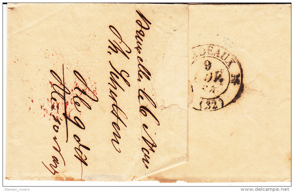 BELGIUM USED COVER 06/11/1838 BRUXELLES VERS BORDEAUX CACHET ROUGE BELGIQUE VALENCIENNES GRIFFE B3R EN BLEU - 1830-1849 (Belgica Independiente)