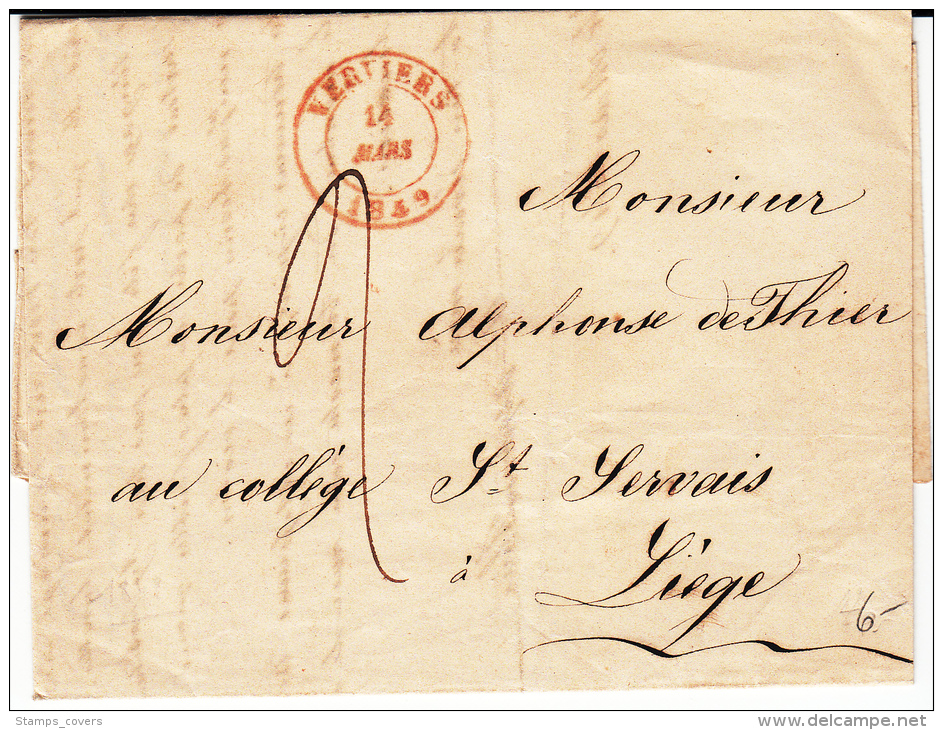 BELGIUM USED COVER 14/03/1849 VERVIERS VERS LIEGE - 1830-1849 (Belgica Independiente)