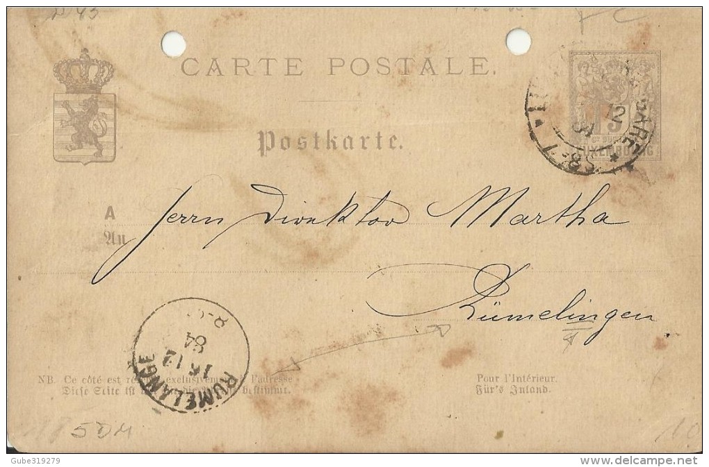 LUXEMBOURG 1884 - PRE-STAMPED POSTAL CARD OF 5 C FROM LUXEMBOURG DEC 15 TORUMELINGEN DEC 16 REJAL255/3 - 1882 Allegorie