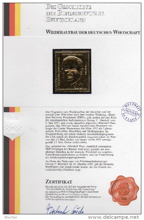 Edition Raritäten In Gold BRD #344 ** 50€ Mit 23 Karat Feingold Aufbau Von Deutschland Porträt Marshall Stamp Of Germany - Lettres & Documents