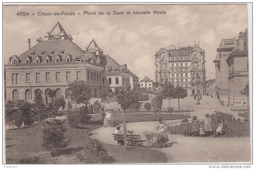 Carte Postale Ancienne,suisse,helvetia, Swiss,NEUCHATEL,CHAUX DE FONDS,place De La Gare 1910,parc,poste,enfants,p Ousset - La Chaux-de-Fonds