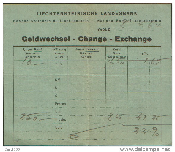 1964 LIECHTENSTEINISCHE LANDESBANK GELDWECHSEL - Assegni & Assegni Di Viaggio