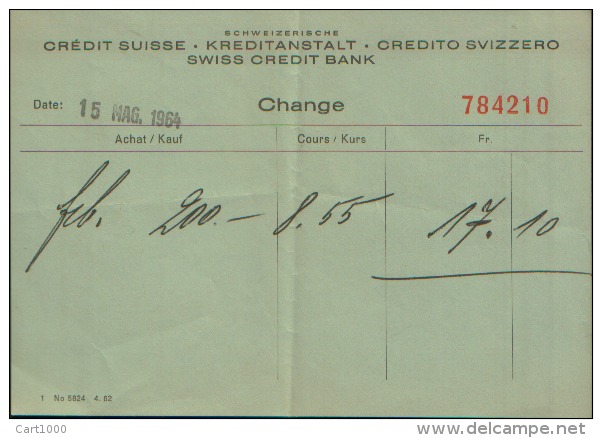 1964 CREDIT SUISSE KREDITANSTALT SWISS CREDIT BANK CHANGE - Cheques & Traverler's Cheques