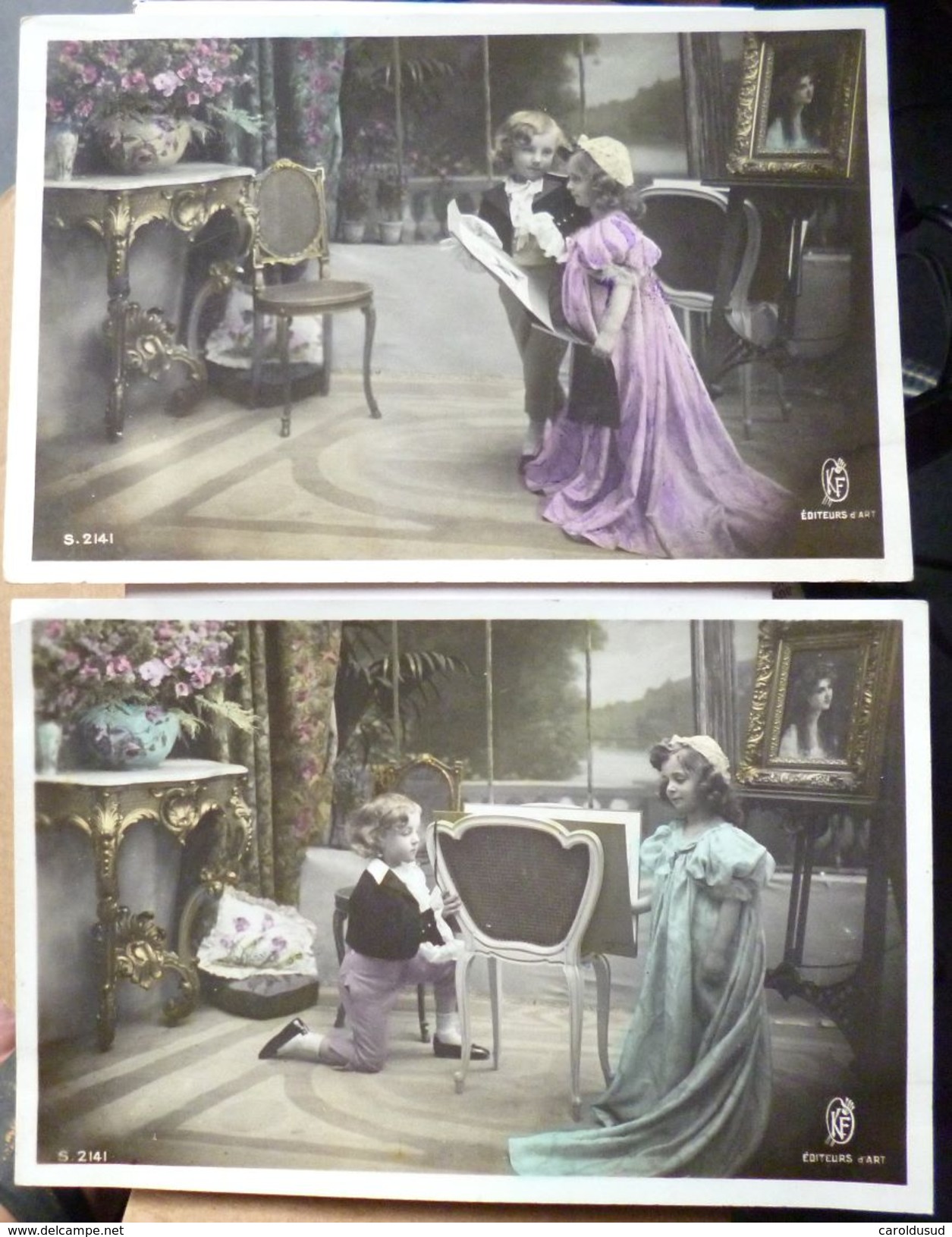 Cpa Lot 2x Photo K.F.  2141 Colorise Duo Enfant Fillette Robe Princesse Garcon Elegant Decor Meuble Chateau - Collections, Lots & Séries