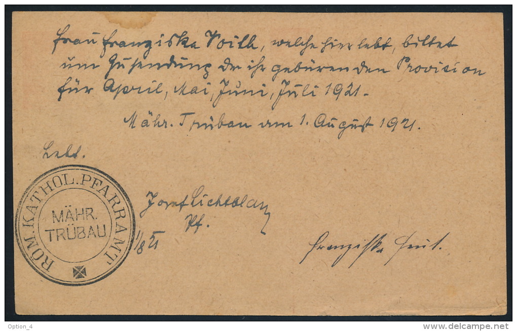 Czechoslovakia CSSR 1921 Stationery Card Cancellation Trübau Cachet Pastoral Office Ministry - Briefe U. Dokumente